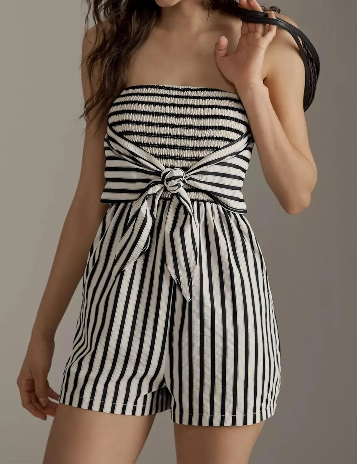 Women's Strapless Tie Front Striped Jumpsuit 2025 Casual Trendy Short Rompers Summer One Piece Jumpsuits with Pockets