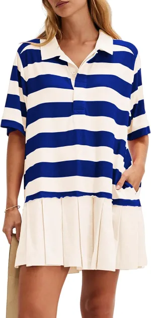 Womens Striped Dress Casual Button Up V Neck Dress Striped Shirt Pleated Skirt with Pockets