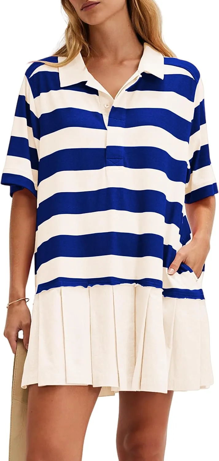 Womens Striped Dress Casual Button Up V Neck Dress Striped Shirt Pleated Skirt with Pockets