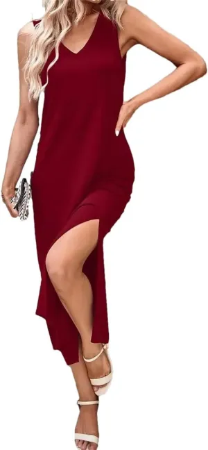 Women's Summer Casual Camisole Dress Slimming V Neck Comfortable Wrap Maxi Dresses