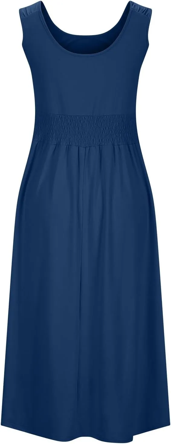 Women's Summer Dresses 2025 Sleeveless Button Down Smocked Empire Waist Casual A-Line Swing Midi Dress Tanks Sundress