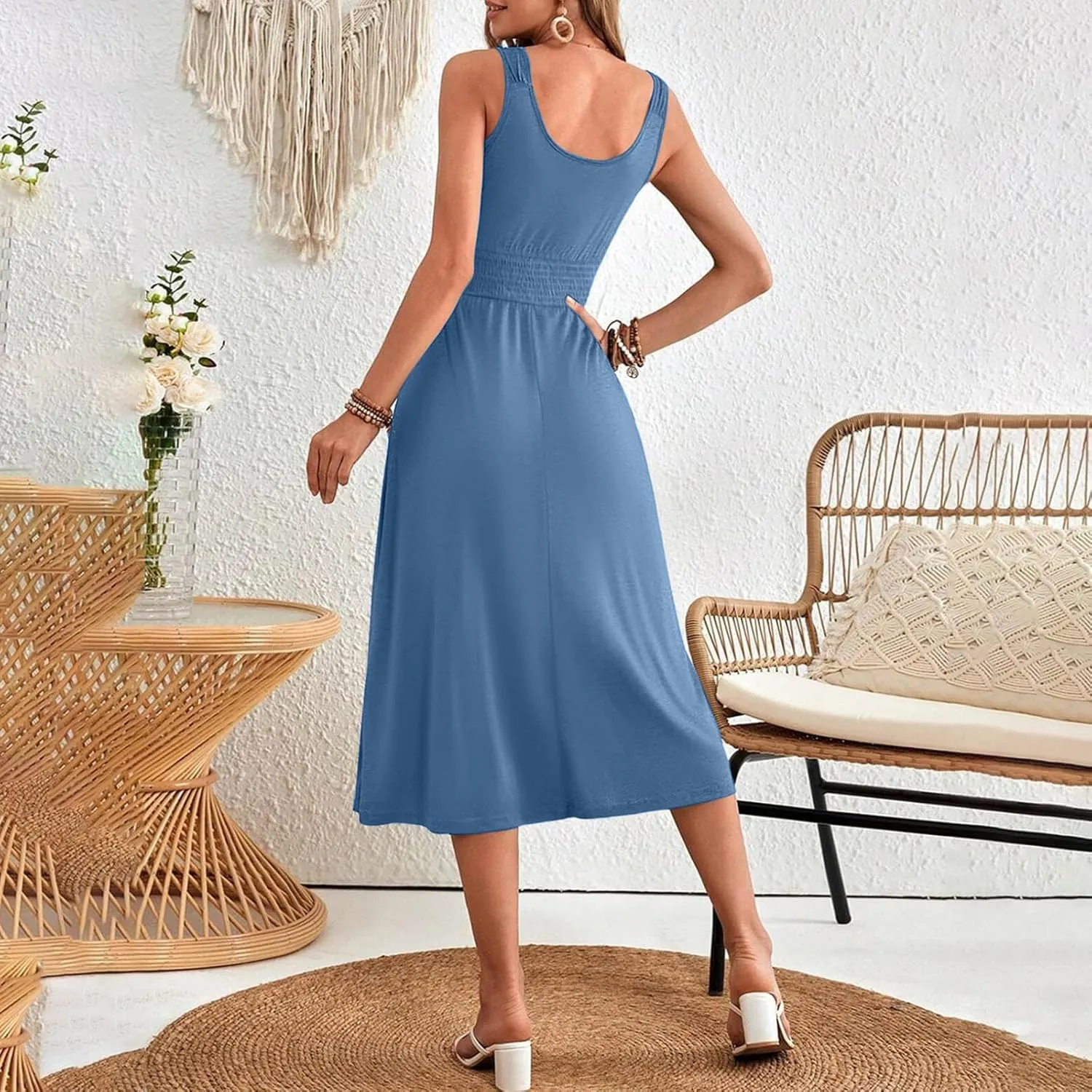 Women's Summer Dresses 2025 Sleeveless Button Down Smocked Empire Waist Casual A-Line Swing Midi Dress Tanks Sundress