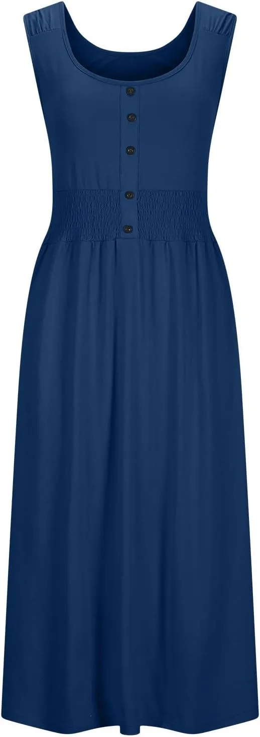Women's Summer Dresses 2025 Sleeveless Button Down Smocked Empire Waist Casual A-Line Swing Midi Dress Tanks Sundress
