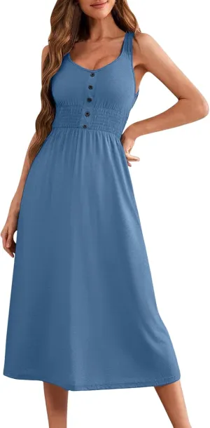 Women's Summer Dresses 2025 Sleeveless Button Down Smocked Empire Waist Casual A-Line Swing Midi Dress Tanks Sundress
