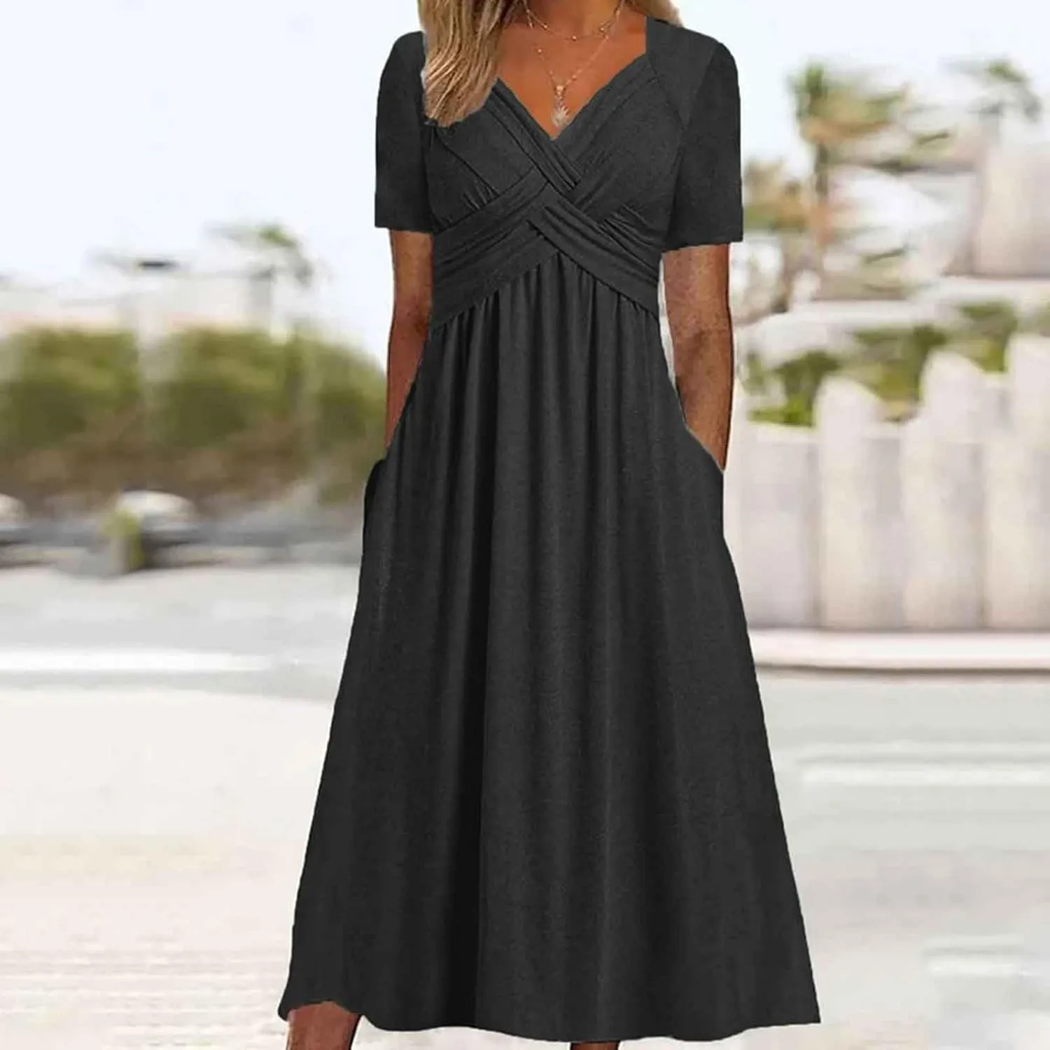 Women's Summer Dresses Casual Short Sleeve Long Dresses V Neck Flowy Tiered Midi Dress Beach Vacation Sundress with Pockets