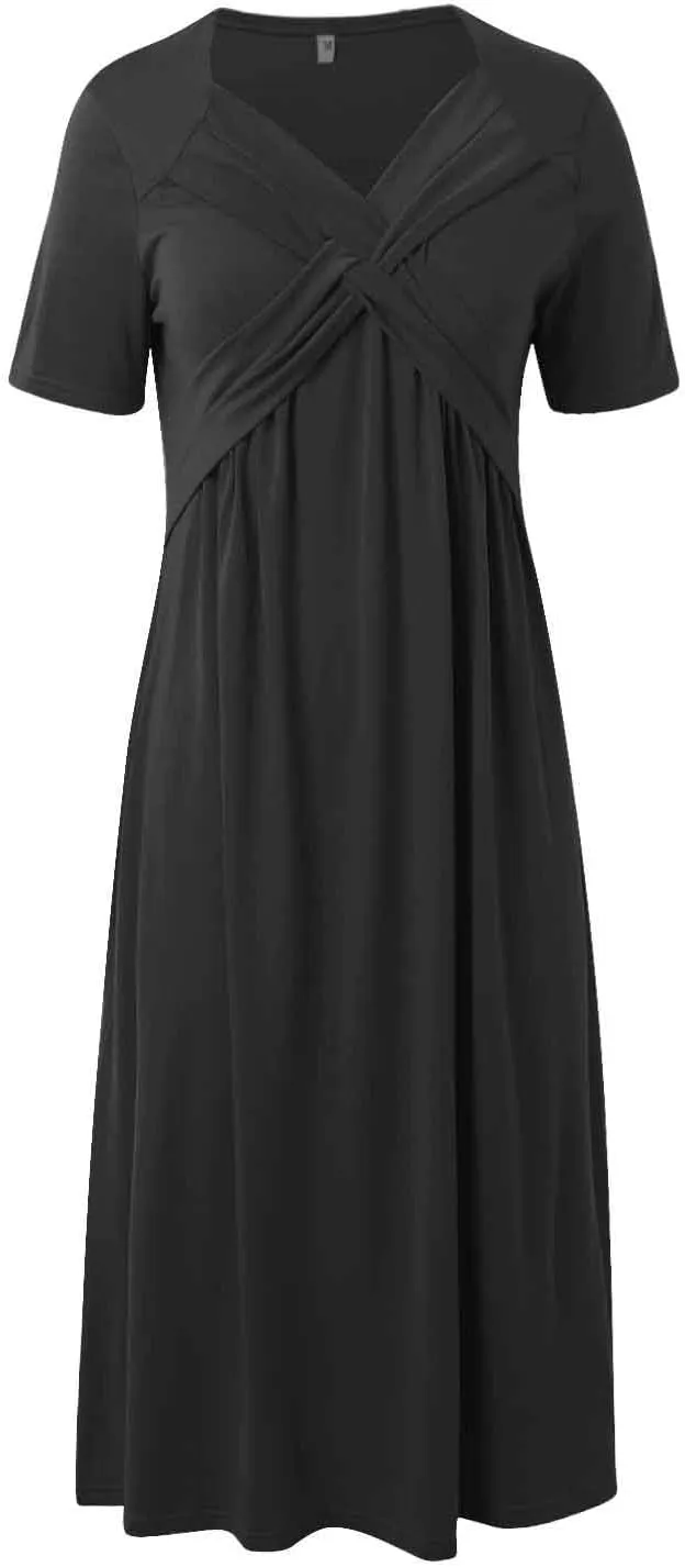 Women's Summer Dresses Casual Short Sleeve Long Dresses V Neck Flowy Tiered Midi Dress Beach Vacation Sundress with Pockets