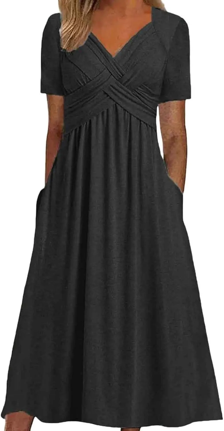 Women's Summer Dresses Casual Short Sleeve Long Dresses V Neck Flowy Tiered Midi Dress Beach Vacation Sundress with Pockets