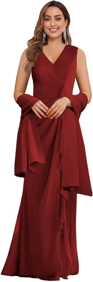 Women's V Neck Mother of The Bride Dress with Shawl Chiffon Ruffle Long Formal Wedding Guest Party Gowns