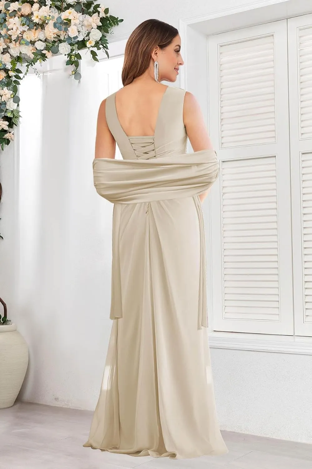 Women's V Neck Mother of The Bride Dress with Shawl Chiffon Ruffle Long Formal Wedding Guest Party Gowns