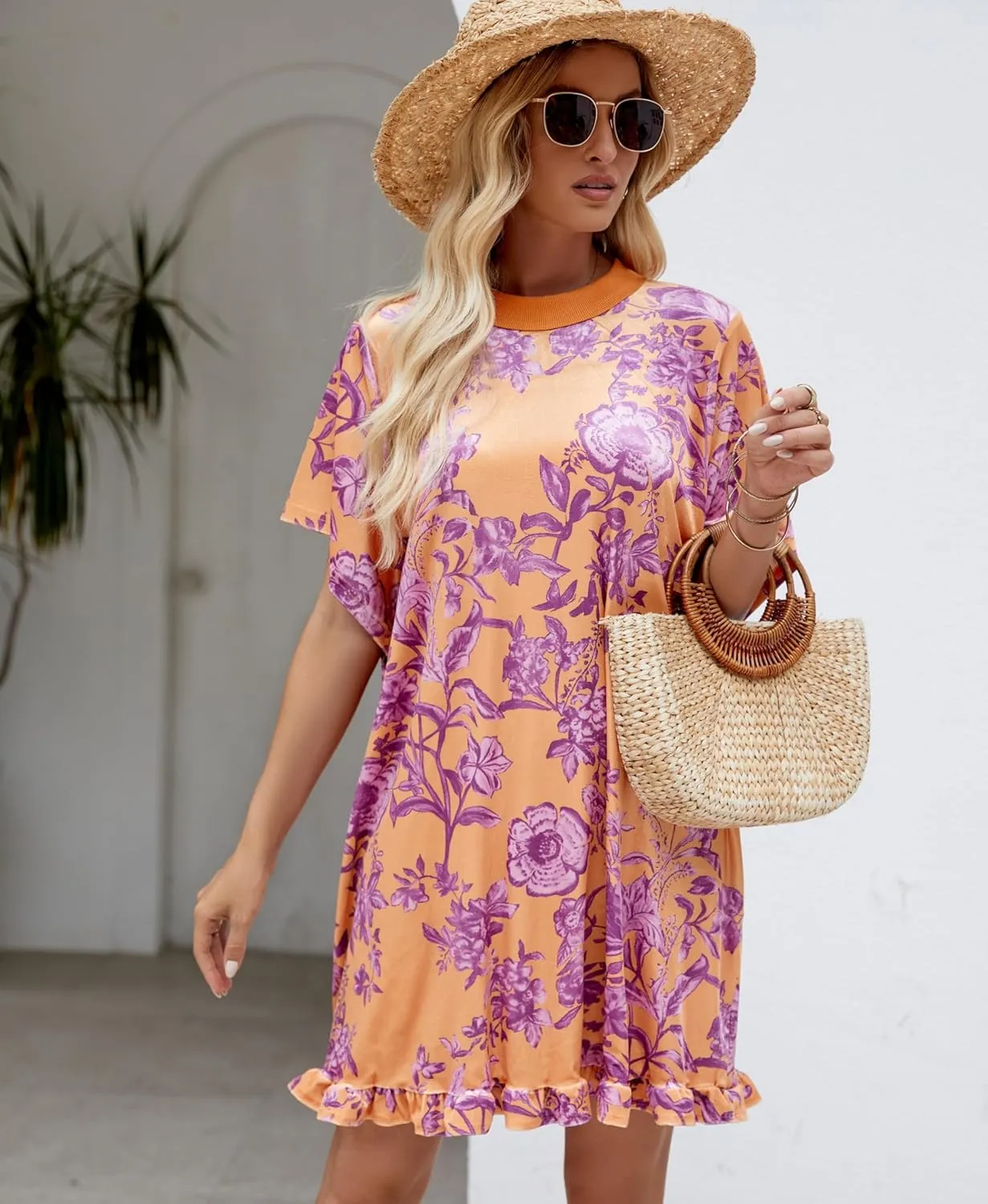 Women's Vintage Velvet Dress Round Neck Short Sleeve Floral Printed Mini Flowy Dress