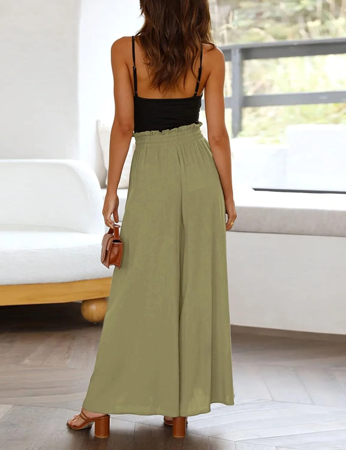 Women's Wide Leg Palazzo Maxi Flowy Pants Elastic High Waist Casual Drawstring Lounge Culotte with Pocket