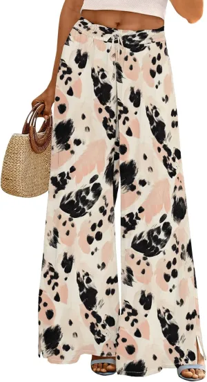 Womens Wide Leg Palazzo Pants Boho Floral 2025 Summer Beach Culottes Flowy Casual Lounge Trousers for Vacation