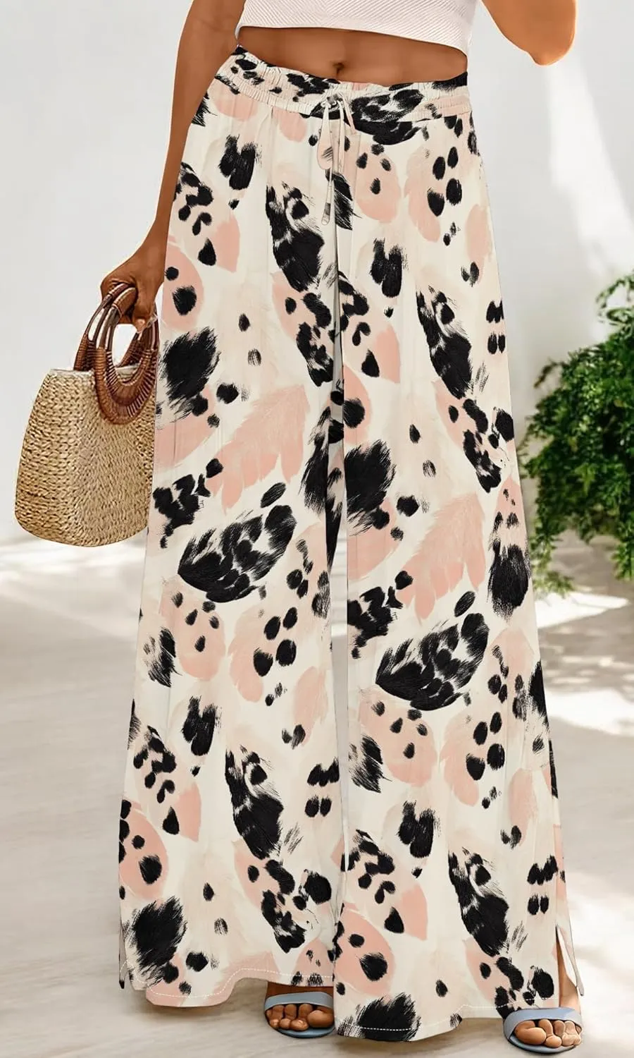 Womens Wide Leg Palazzo Pants Boho Floral 2025 Summer Beach Culottes Flowy Casual Lounge Trousers for Vacation