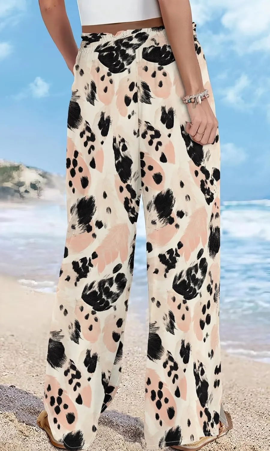 Womens Wide Leg Palazzo Pants Boho Floral 2025 Summer Beach Culottes Flowy Casual Lounge Trousers for Vacation