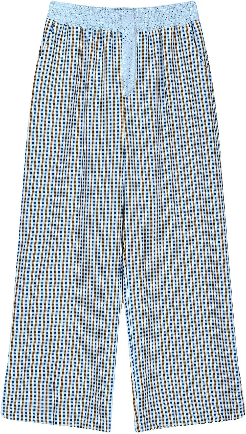 Women's Wide Leg Pants Boho Plaid Print Elastic High Waist Lounge Pants Loose Comfy Summer Beach Trousers