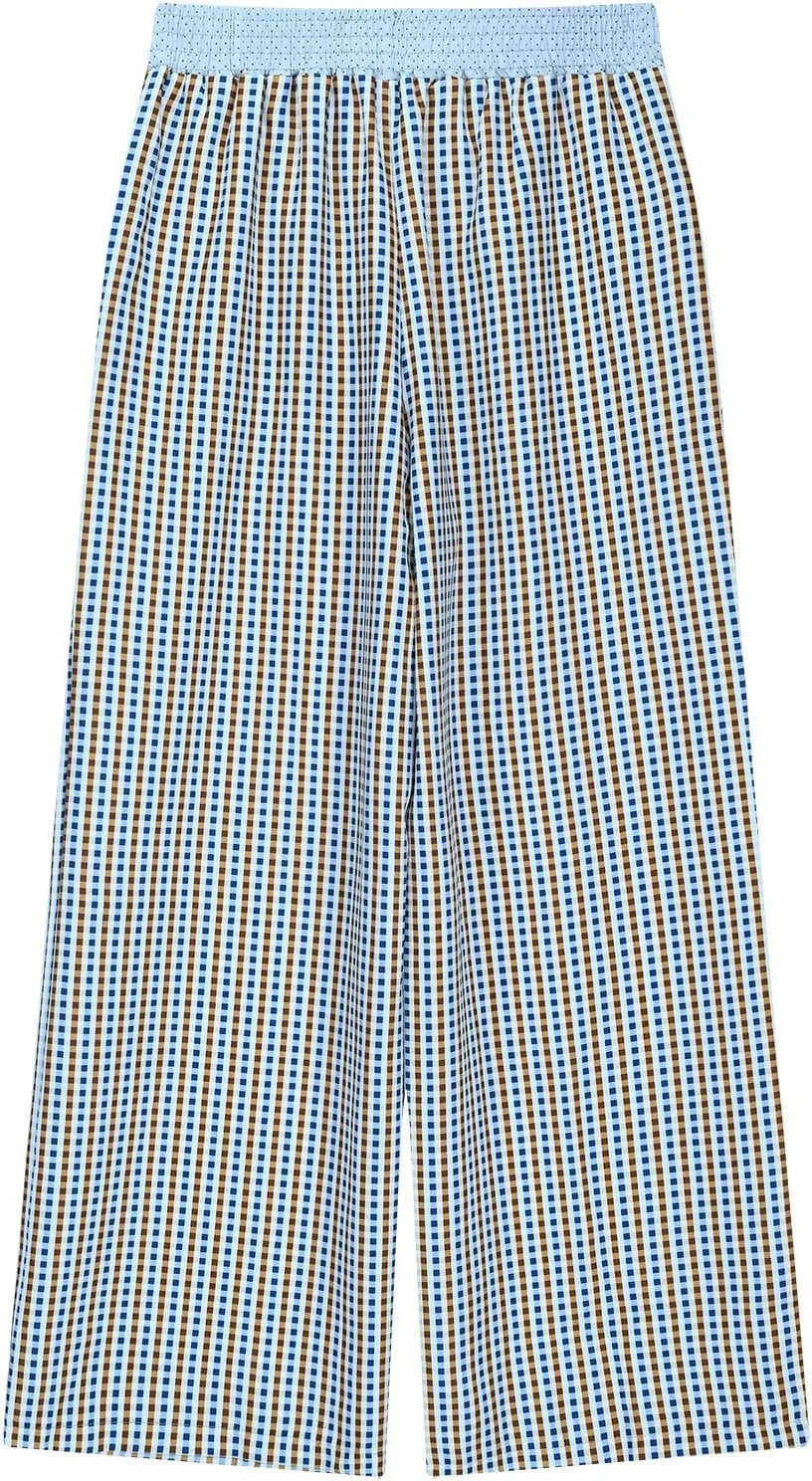 Women's Wide Leg Pants Boho Plaid Print Elastic High Waist Lounge Pants Loose Comfy Summer Beach Trousers