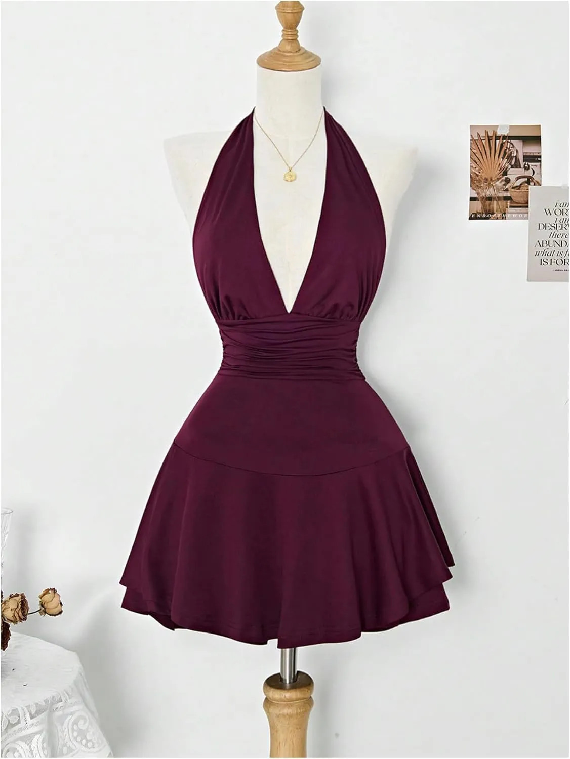 Women's Y2k Ruched Deep V Halter Mini Dress Tie Backless Halter A Line Short Dresses