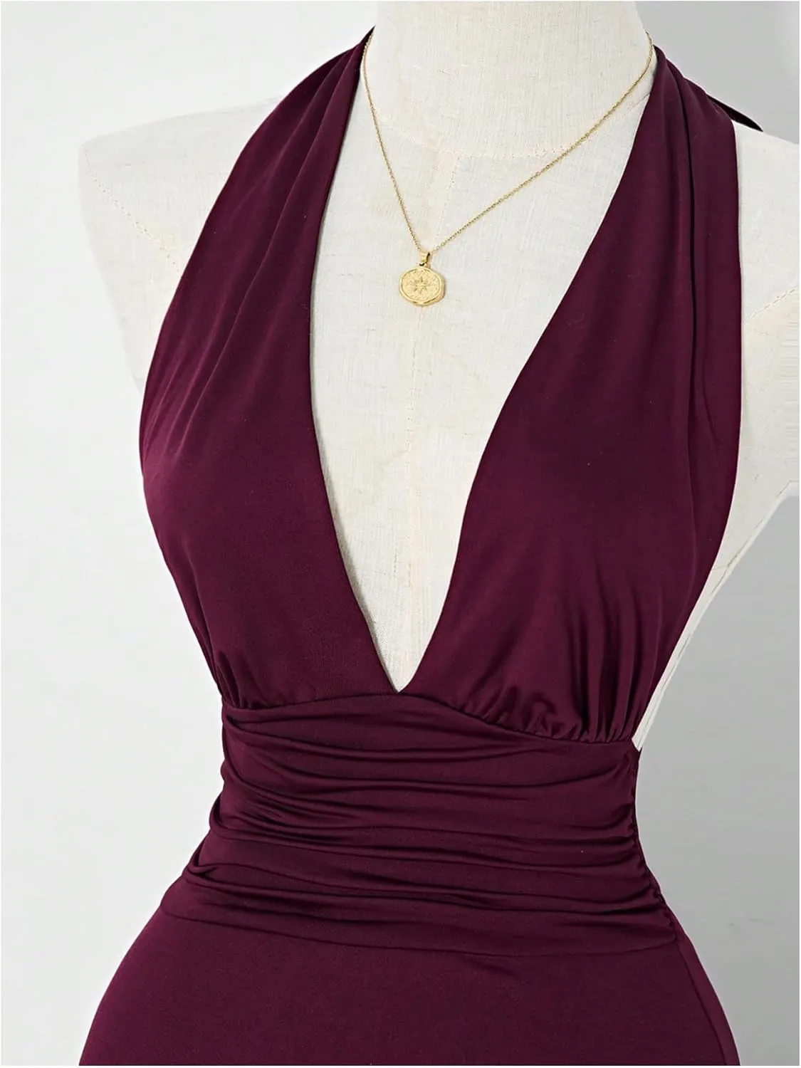 Women's Y2k Ruched Deep V Halter Mini Dress Tie Backless Halter A Line Short Dresses