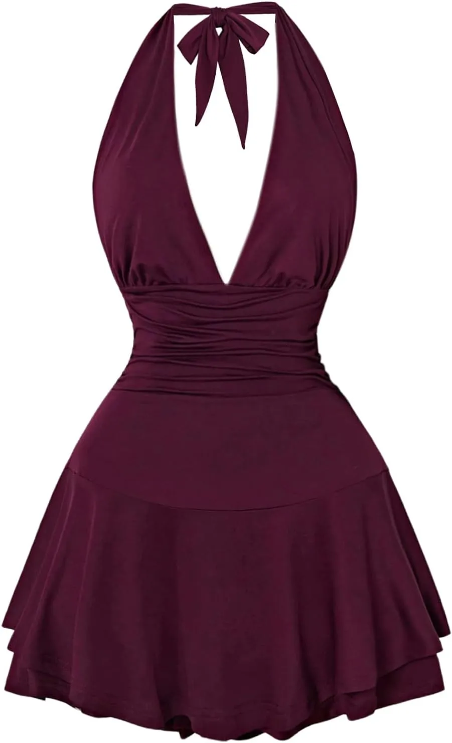 Women's Y2k Ruched Deep V Halter Mini Dress Tie Backless Halter A Line Short Dresses