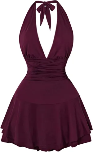 Women's Y2k Ruched Deep V Halter Mini Dress Tie Backless Halter A Line Short Dresses