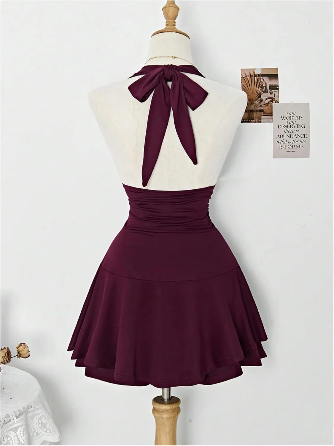 Women's Y2k Ruched Deep V Halter Mini Dress Tie Backless Halter A Line Short Dresses