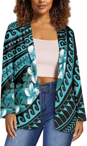 Worsted Knit Fabric Blazer Jackets Samoa Tropical Tribe Totem Design Custom Women Blazer Long Sleeve with Pockets