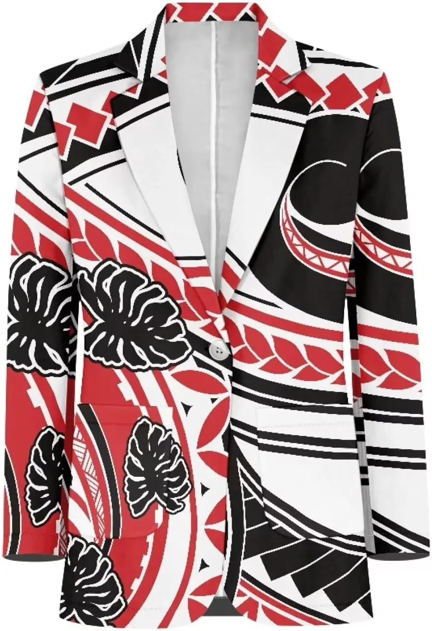 Worsted Knit Fabric Blazer Jackets Samoa Tropical Tribe Totem Design Custom Women Blazer Long Sleeve with Pockets