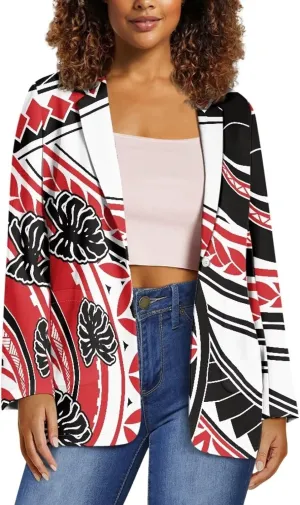 Worsted Knit Fabric Blazer Jackets Samoa Tropical Tribe Totem Design Custom Women Blazer Long Sleeve with Pockets