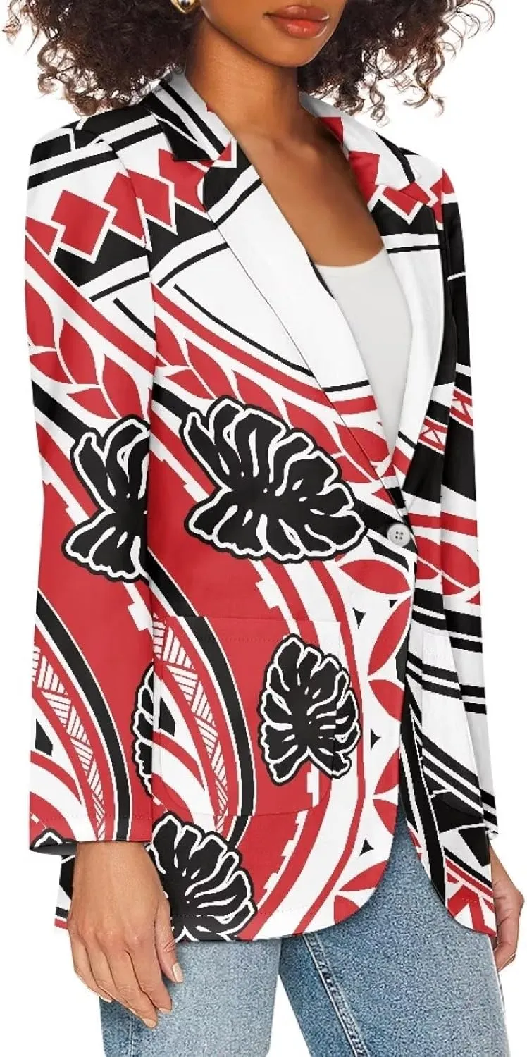 Worsted Knit Fabric Blazer Jackets Samoa Tropical Tribe Totem Design Custom Women Blazer Long Sleeve with Pockets