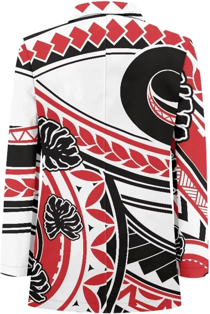 Worsted Knit Fabric Blazer Jackets Samoa Tropical Tribe Totem Design Custom Women Blazer Long Sleeve with Pockets