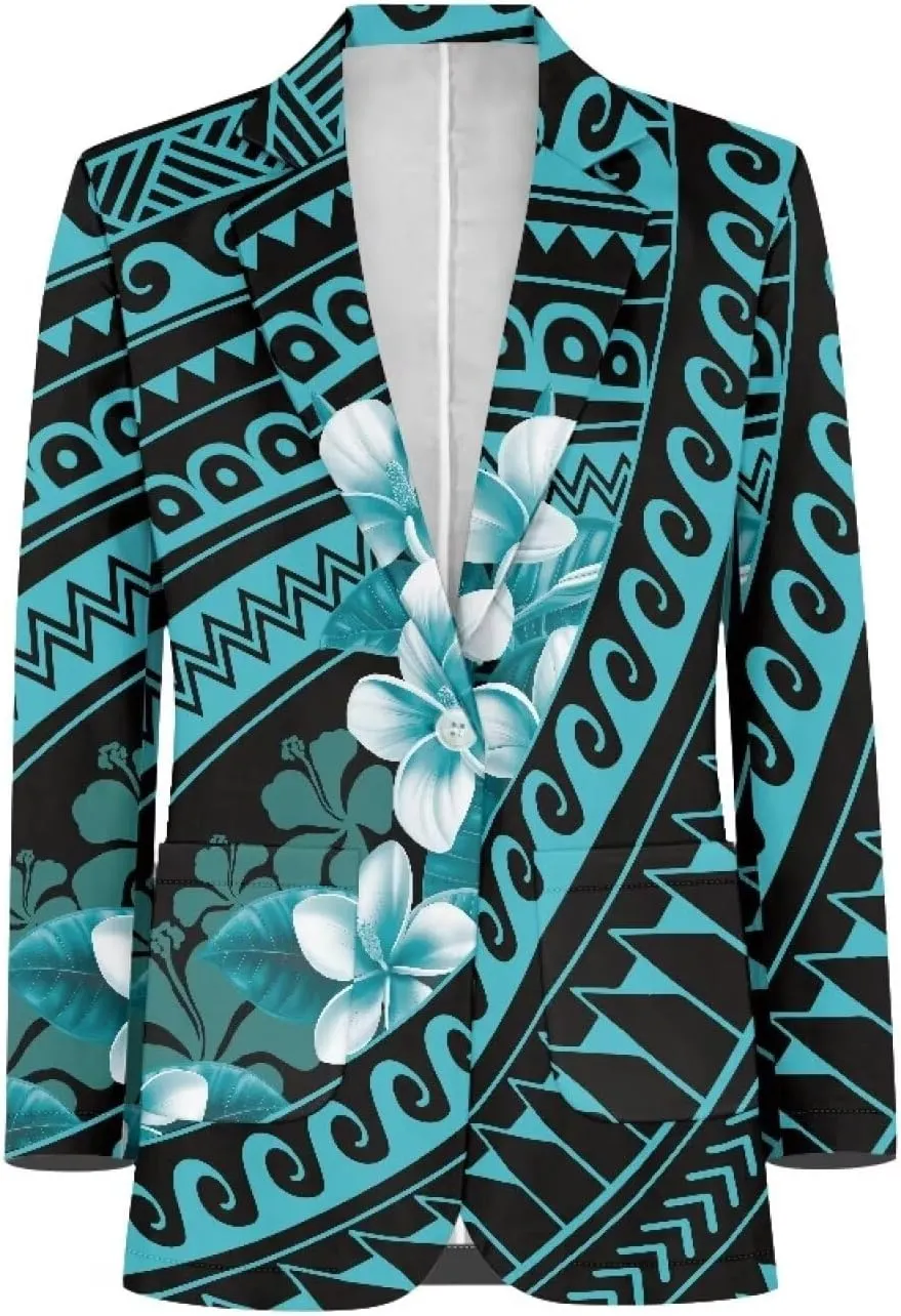 Worsted Knit Fabric Blazer Jackets Samoa Tropical Tribe Totem Design Custom Women Blazer Long Sleeve with Pockets