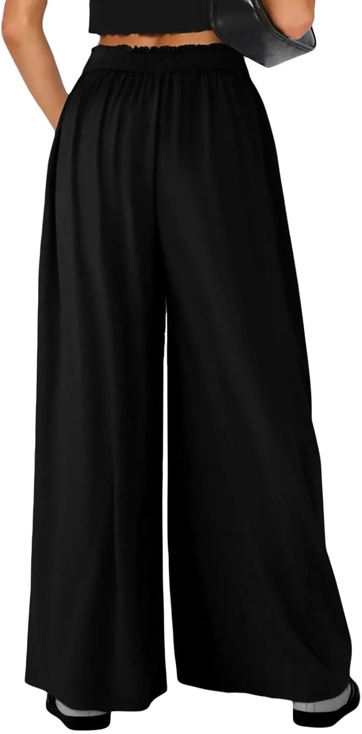 Wowcarbazole Women's Wide Leg Pants Elastic High Waist Casual Lounge Loose Palazzo Pant with Pockets Flowy Fall Long Trousers