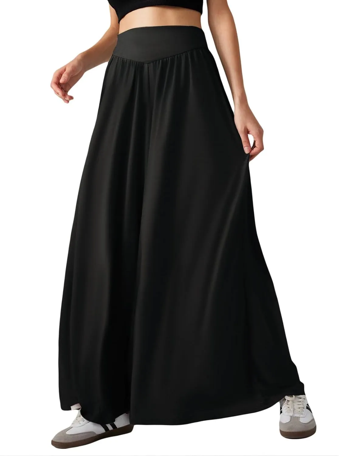 Wowcarbazole Women's Wide Leg Pants Elastic High Waist Casual Lounge Loose Palazzo Pant with Pockets Flowy Fall Long Trousers