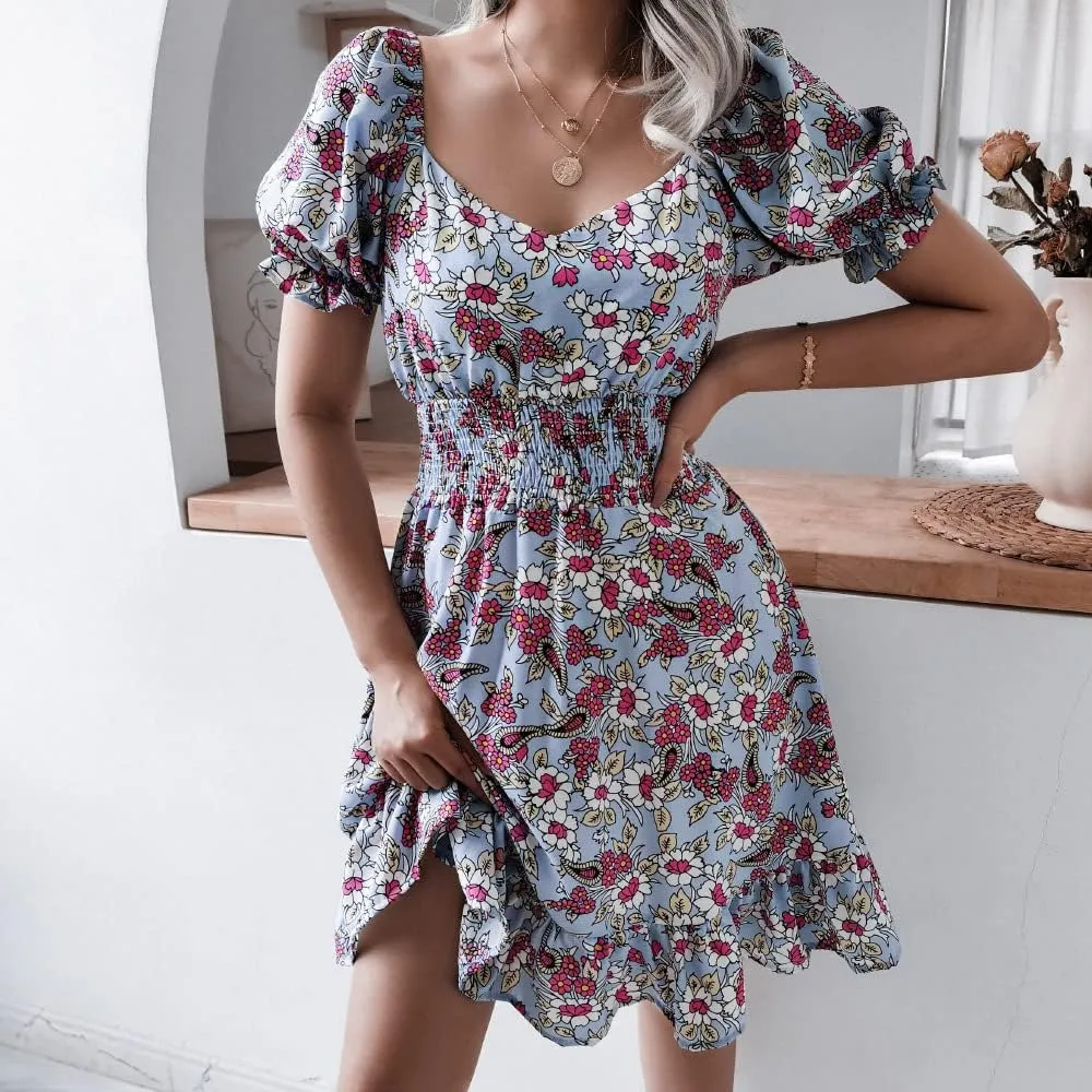 Wuitrie Womens Chiffon Floral Summer Dress Wrap V Neck Short Sleeve Ruffle High Waist Casual Boho Beach Mini Swing Dress