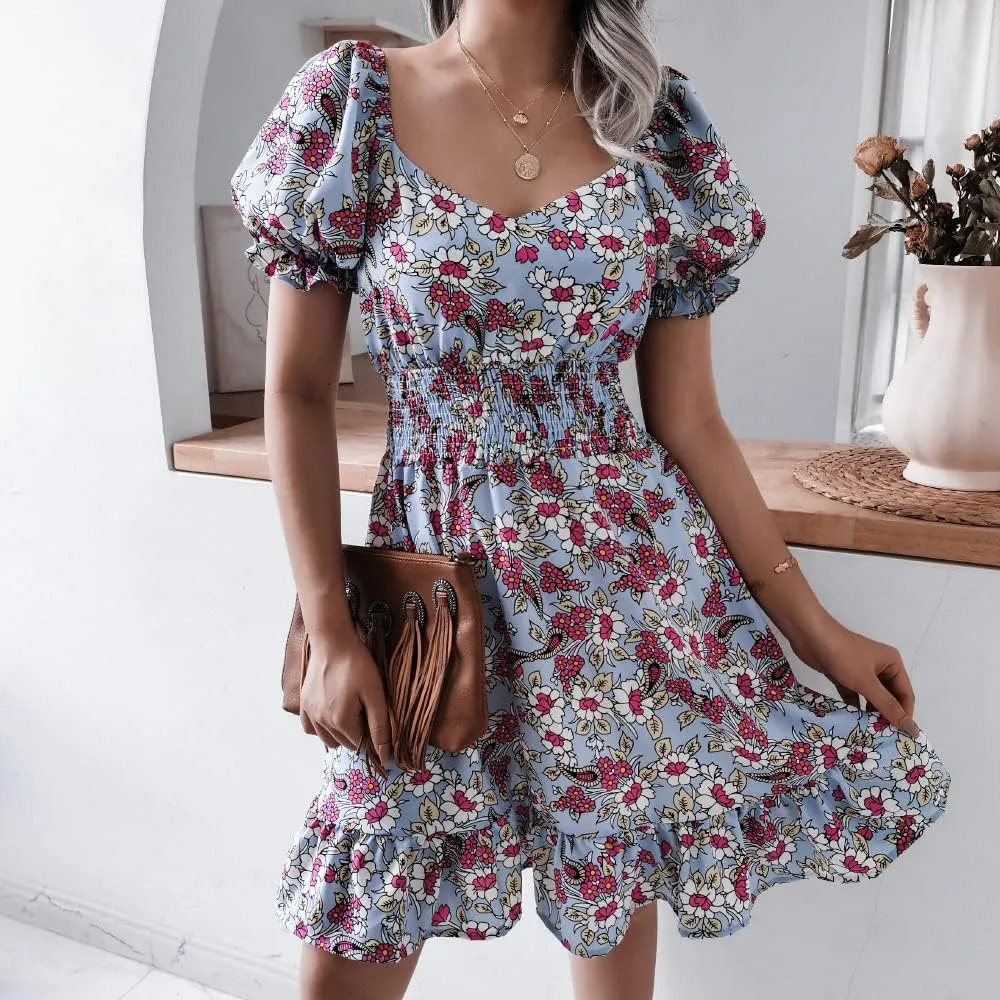 Wuitrie Womens Chiffon Floral Summer Dress Wrap V Neck Short Sleeve Ruffle High Waist Casual Boho Beach Mini Swing Dress