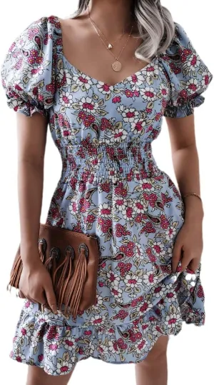 Wuitrie Womens Chiffon Floral Summer Dress Wrap V Neck Short Sleeve Ruffle High Waist Casual Boho Beach Mini Swing Dress