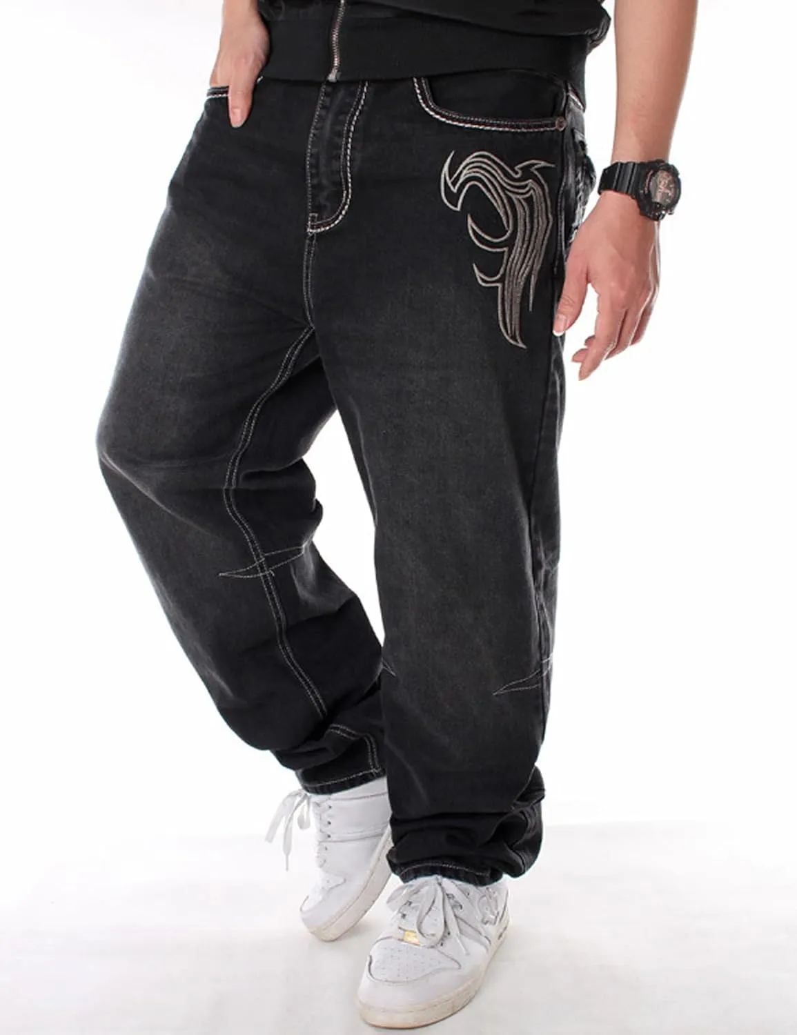 Y2k Skateboard Pants Hip Hop Embroidered Jeans Men Baggy Denim Jeans Vintage Graphic Relaxed Loose Fit Cargo Black Trousers