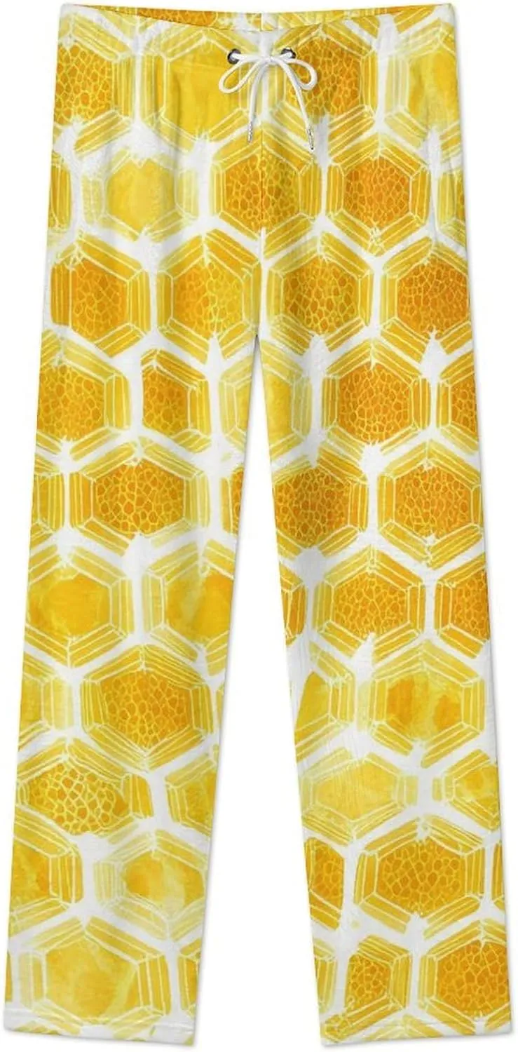 Yellow Honey Beehives Honeycombs Womens Flannel Pajama Pants Long Length Sleep Lounge Pants with Drawstring Belt Loungewear