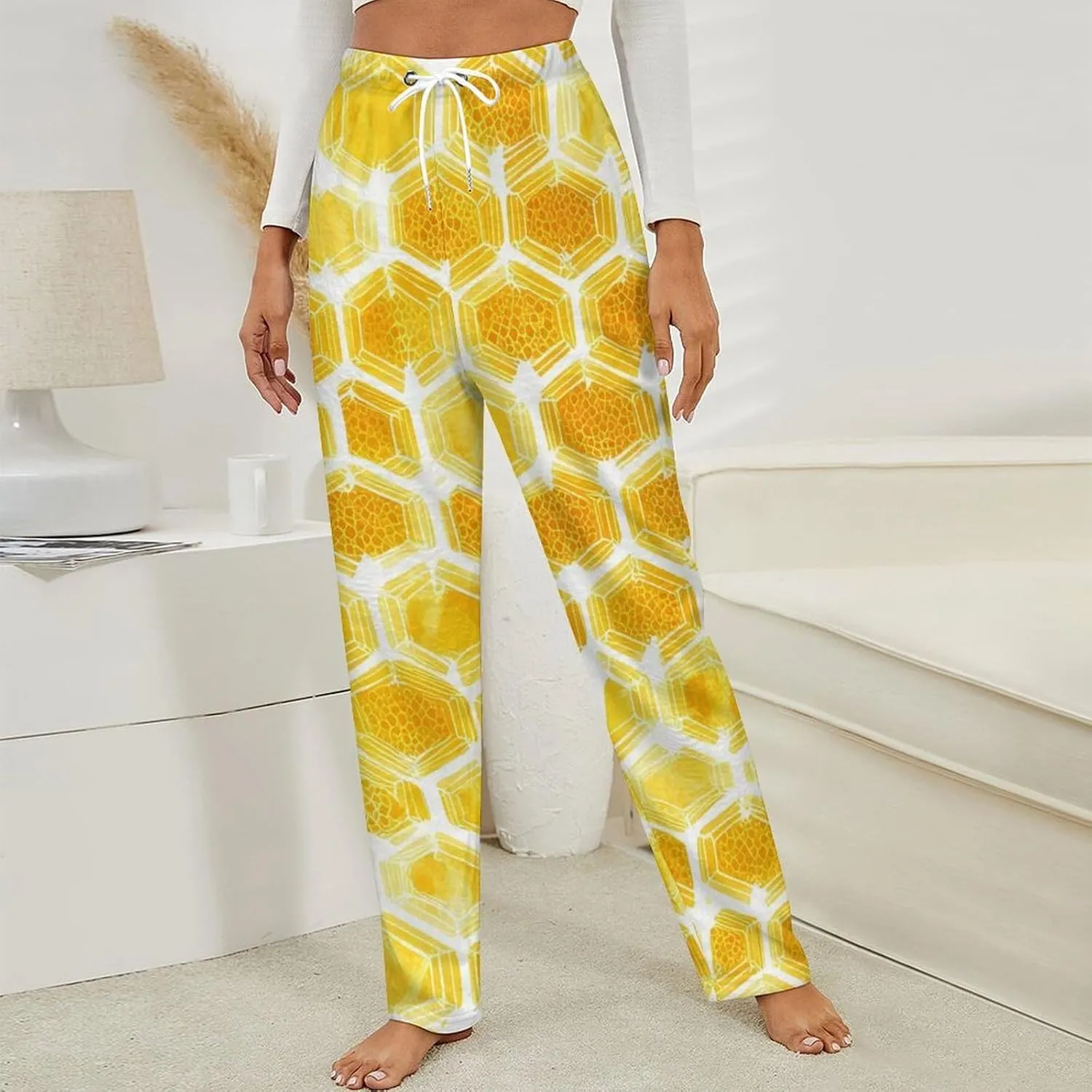 Yellow Honey Beehives Honeycombs Womens Flannel Pajama Pants Long Length Sleep Lounge Pants with Drawstring Belt Loungewear