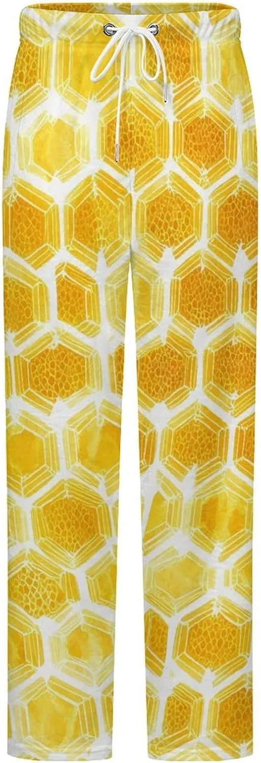 Yellow Honey Beehives Honeycombs Womens Flannel Pajama Pants Long Length Sleep Lounge Pants with Drawstring Belt Loungewear
