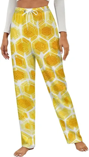 Yellow Honey Beehives Honeycombs Womens Flannel Pajama Pants Long Length Sleep Lounge Pants with Drawstring Belt Loungewear