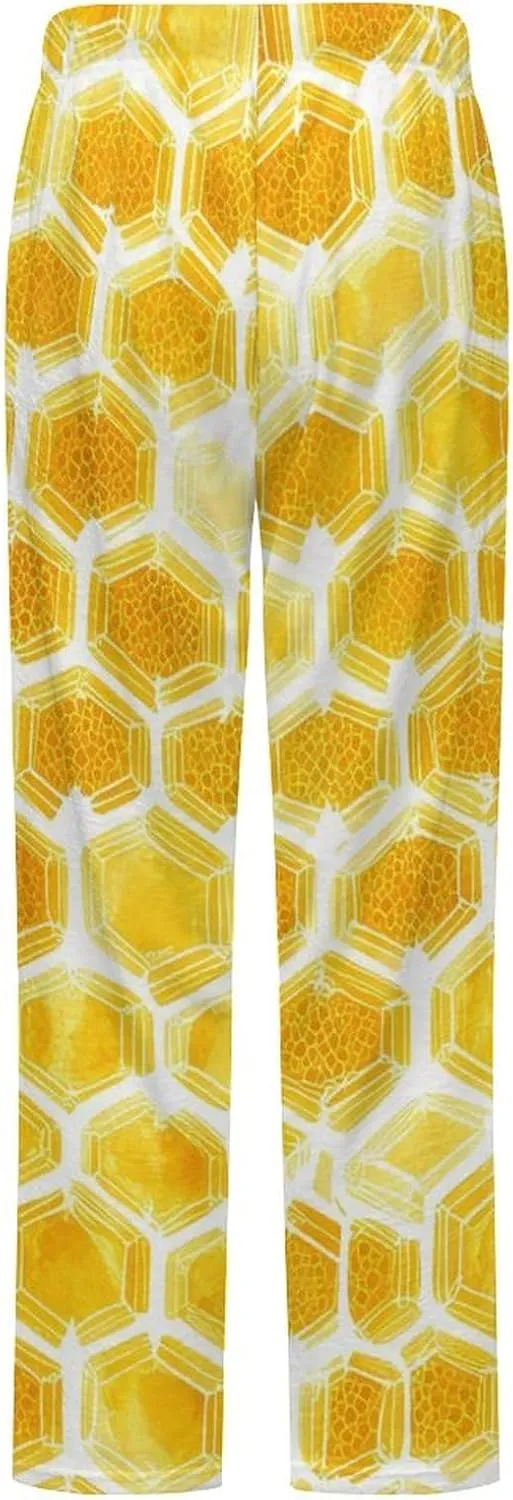 Yellow Honey Beehives Honeycombs Womens Flannel Pajama Pants Long Length Sleep Lounge Pants with Drawstring Belt Loungewear