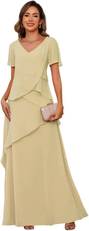 YOFF Women's V Neck Long Mother of The Bride Dresses for Wedding Chiffon Short Sleeve Formal Evening Dress YO230