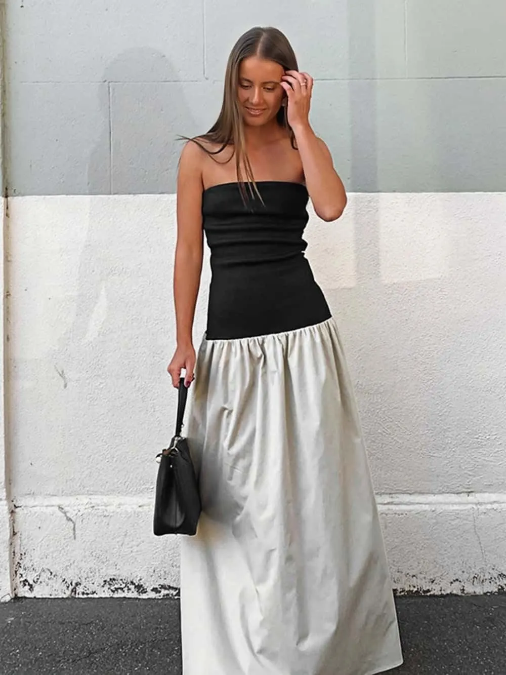 YOXUA Women's Summer Strapless Sleeveless Patchwork A-Line Tube Long Maxi Dress Off Shoulder Beach Maxi Dress