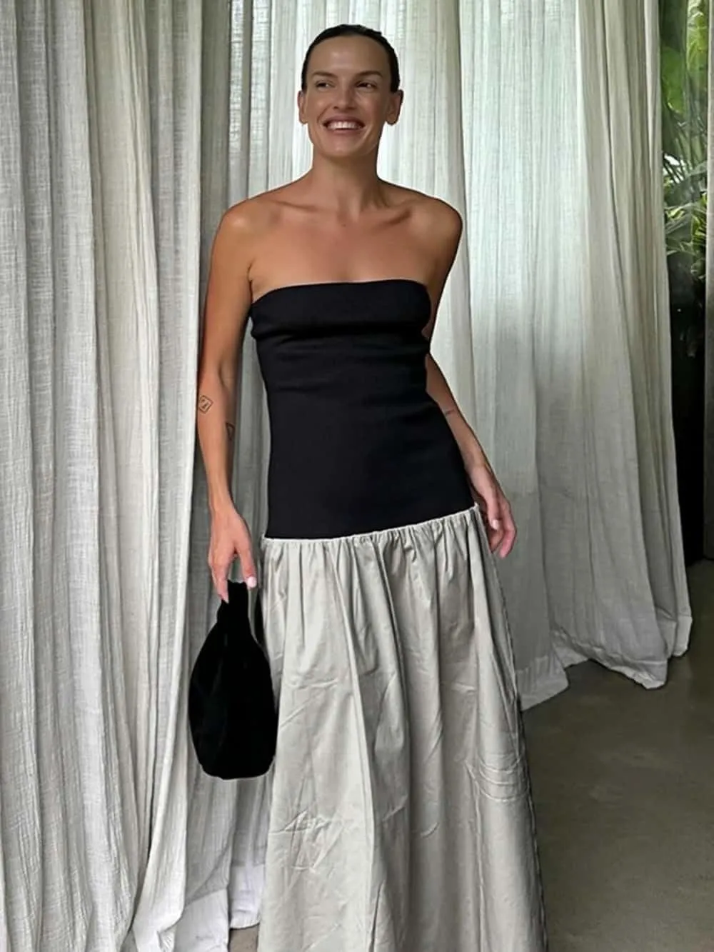 YOXUA Women's Summer Strapless Sleeveless Patchwork A-Line Tube Long Maxi Dress Off Shoulder Beach Maxi Dress