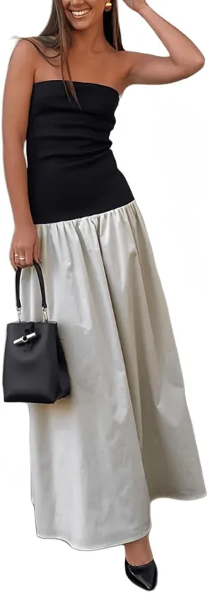 YOXUA Women's Summer Strapless Sleeveless Patchwork A-Line Tube Long Maxi Dress Off Shoulder Beach Maxi Dress