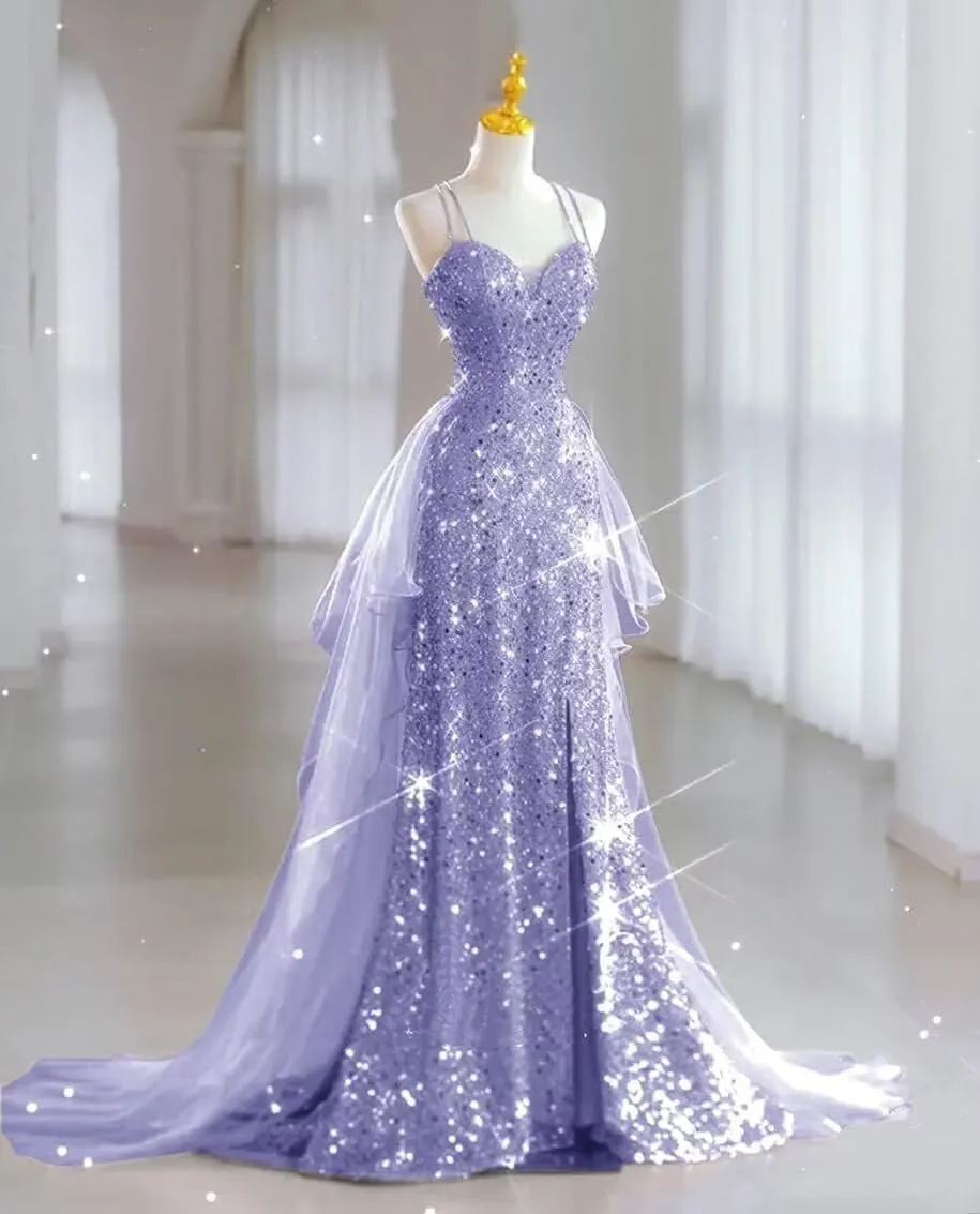 YUAOHUANG Sparkly Sequin Formal Dress for Women Spaghetti Strap Tulle Prom Dresses for Teens with Slit Long Train