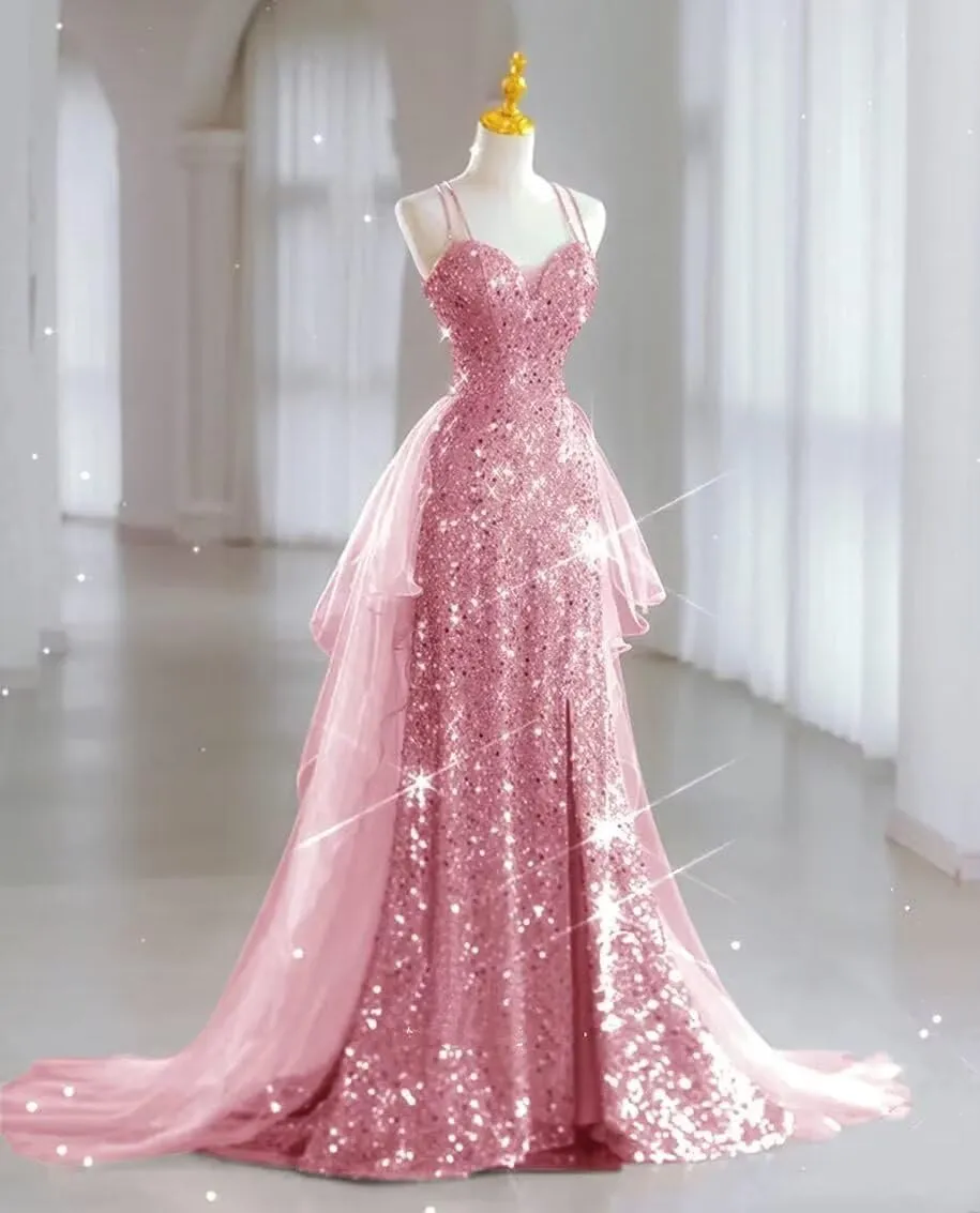 YUAOHUANG Sparkly Sequin Formal Dress for Women Spaghetti Strap Tulle Prom Dresses for Teens with Slit Long Train