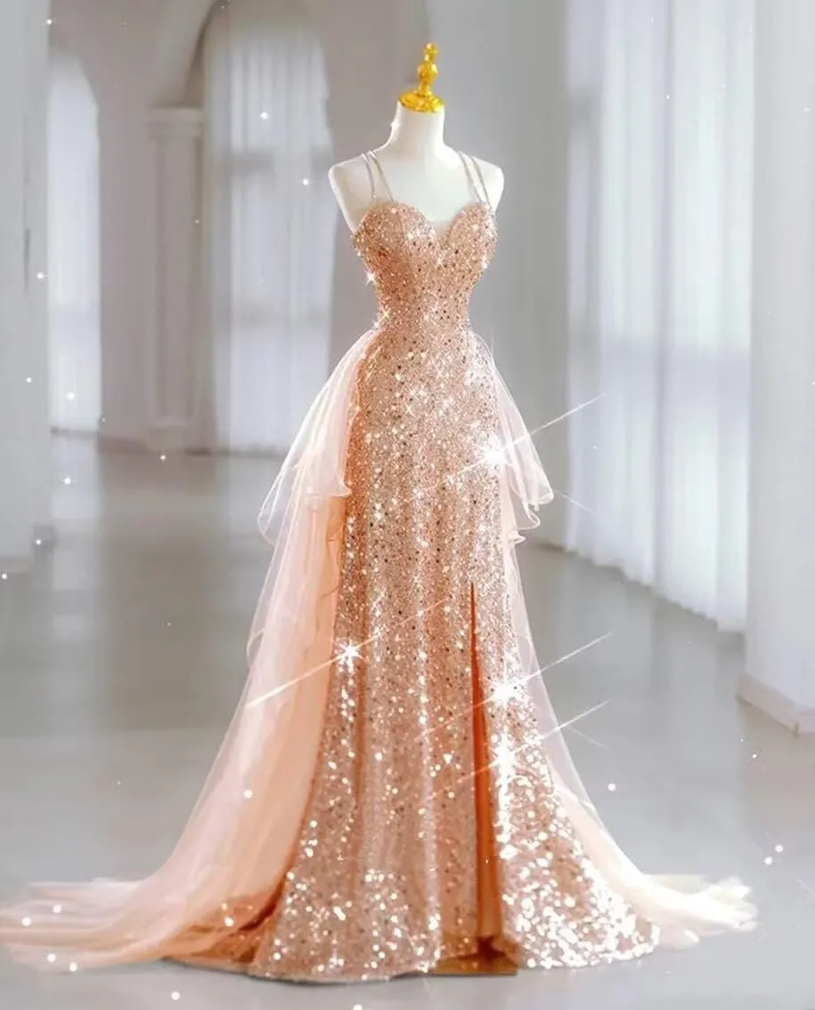 YUAOHUANG Sparkly Sequin Formal Dress for Women Spaghetti Strap Tulle Prom Dresses for Teens with Slit Long Train