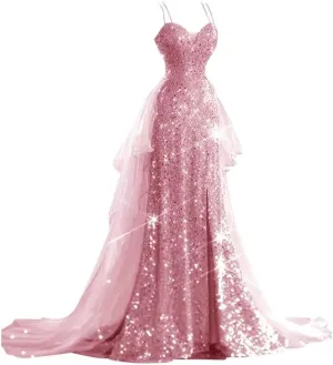 YUAOHUANG Sparkly Sequin Formal Dress for Women Spaghetti Strap Tulle Prom Dresses for Teens with Slit Long Train